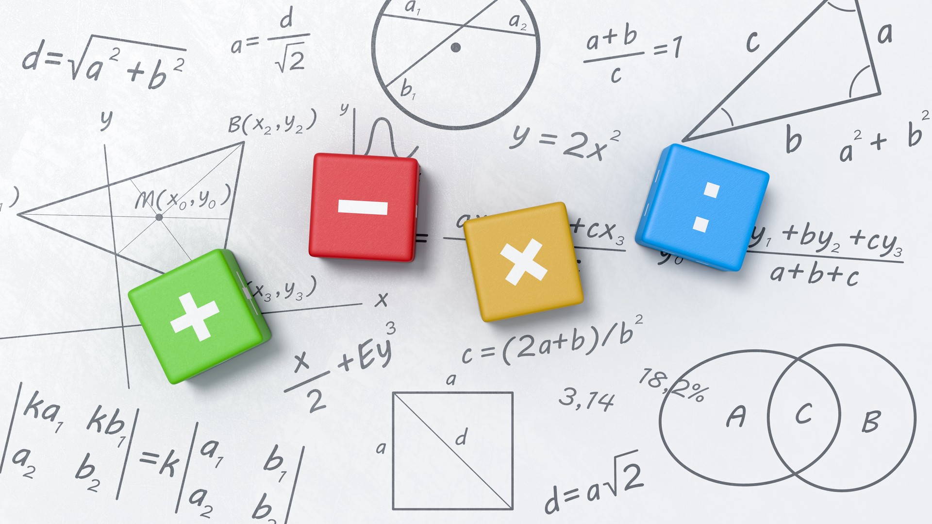 Math Operators Cubes on Whiteboard with Formulas, Graphs and Symbols