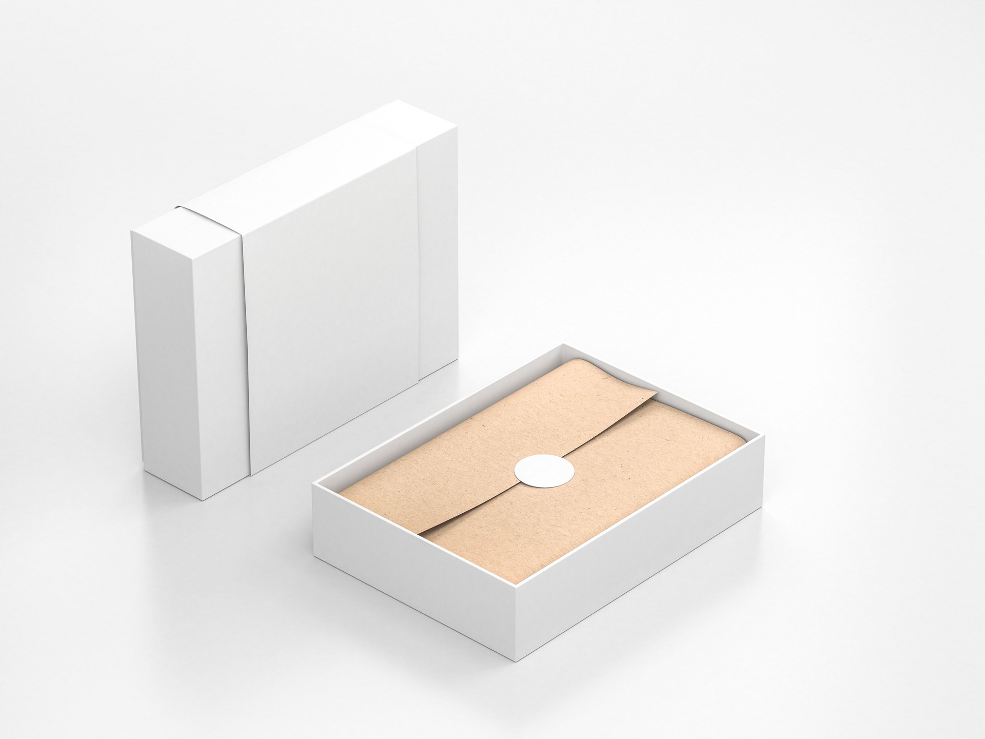 Opened White Gift Box Mockup with cower and kraft wrapping paper and round label